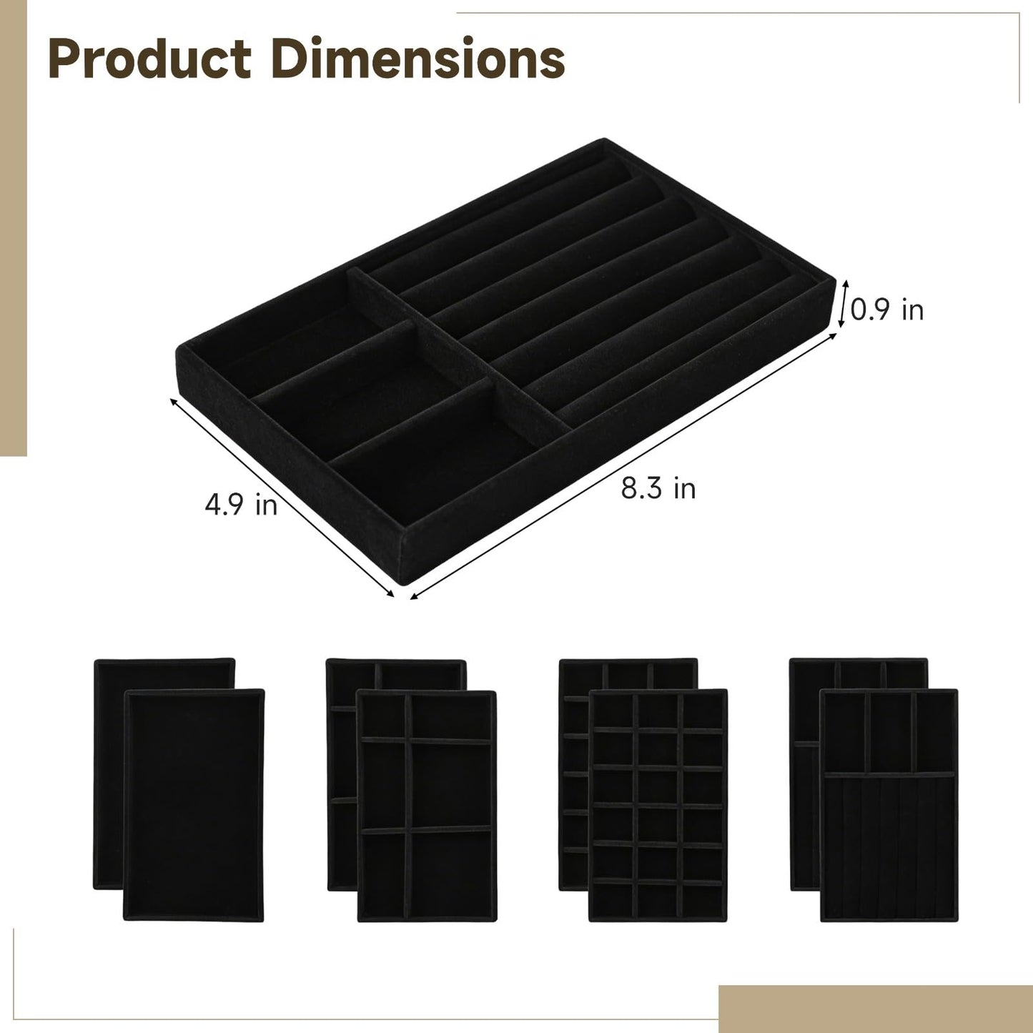 Homaisson Jewelry Drawer Organizer, Velvet Jewelry Tray, Multiple Compartment Layout, Set of 4 Jewelry Organizer for Rings, Earrings, Bracelets, Necklaces (Black)
