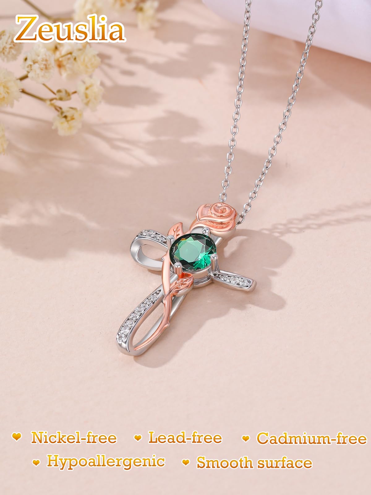 Zeuslia Cross Necklace for Women Sterling Silver Cross Pendant Jewelry with Rose Emerald May Birthstone Necklace Christian Religious Baptism First Communion Confirmation Birthday Gifts for Women