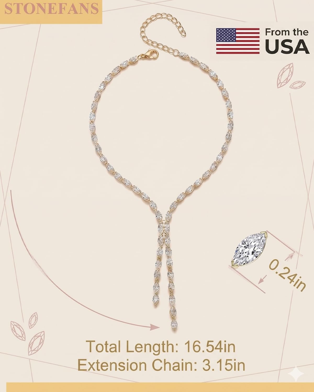 STONEFANS Rhinestone Long Necklaces for Women - Dainty Rhinestone Gold Drop Lariat Y Necklace for Women Simple Cute Long Gold Necklaces Bridal Prom Accessories Jewelry Wedding Gifts