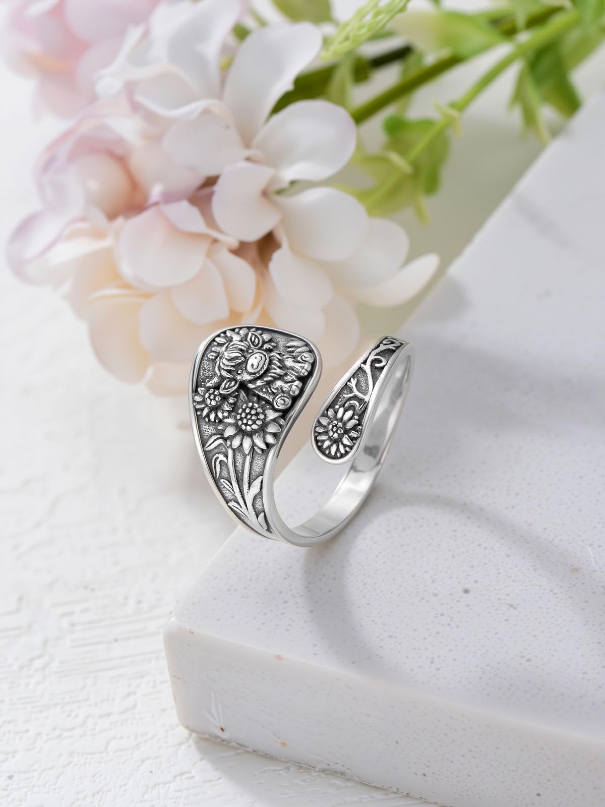 Midari Spoon Rings for Women 925 Sterling Silver Sunflower Highland Cow Rings Adjustable Vintage Finger Thumb Rings Highland Cow Jewelry for Women Daughter Birthday Christmas Gifts