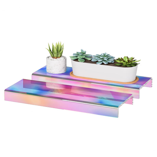 Sezanrpt Acrylic Shelf Riser 12x3.9x1 pack of 2, Iridescent Display Shelf 12” for Shoes, Glasses, Plants, Home Decors, Perfume, 12x3.9x1 Inch