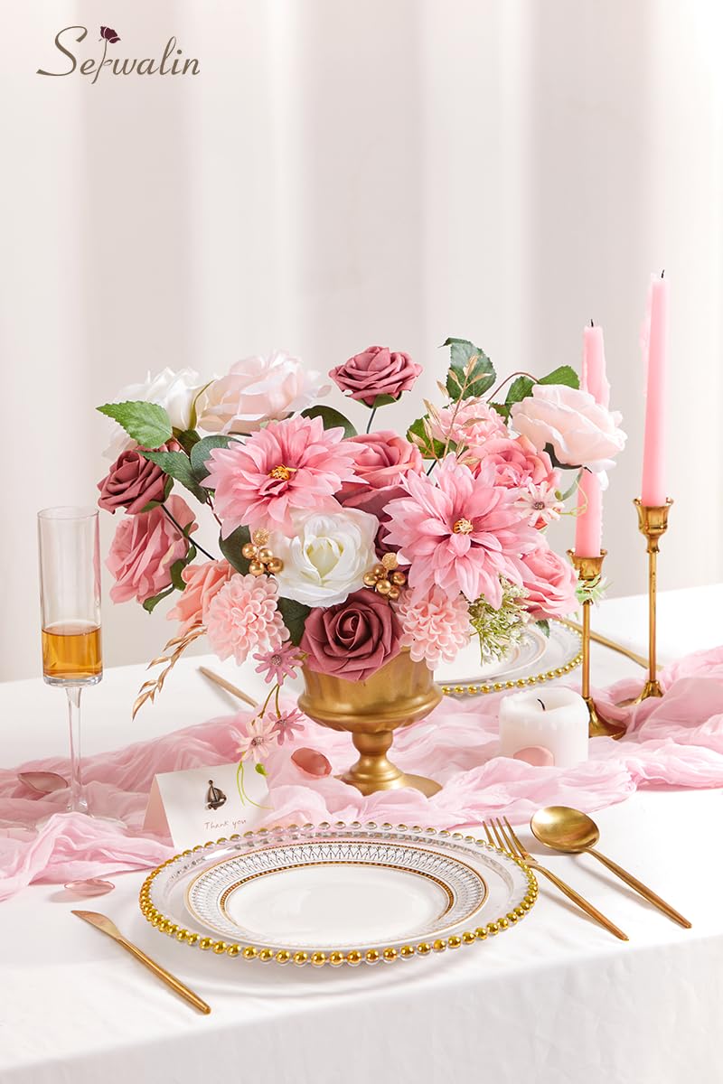 Serwalin Artificial Flowers Wedding Pink Flowers Silk Fake Dahlia Cake Flowers for Wedding Bouquets Table Centerpieces Birthday Party Bridal Baby Shower Home Decorations