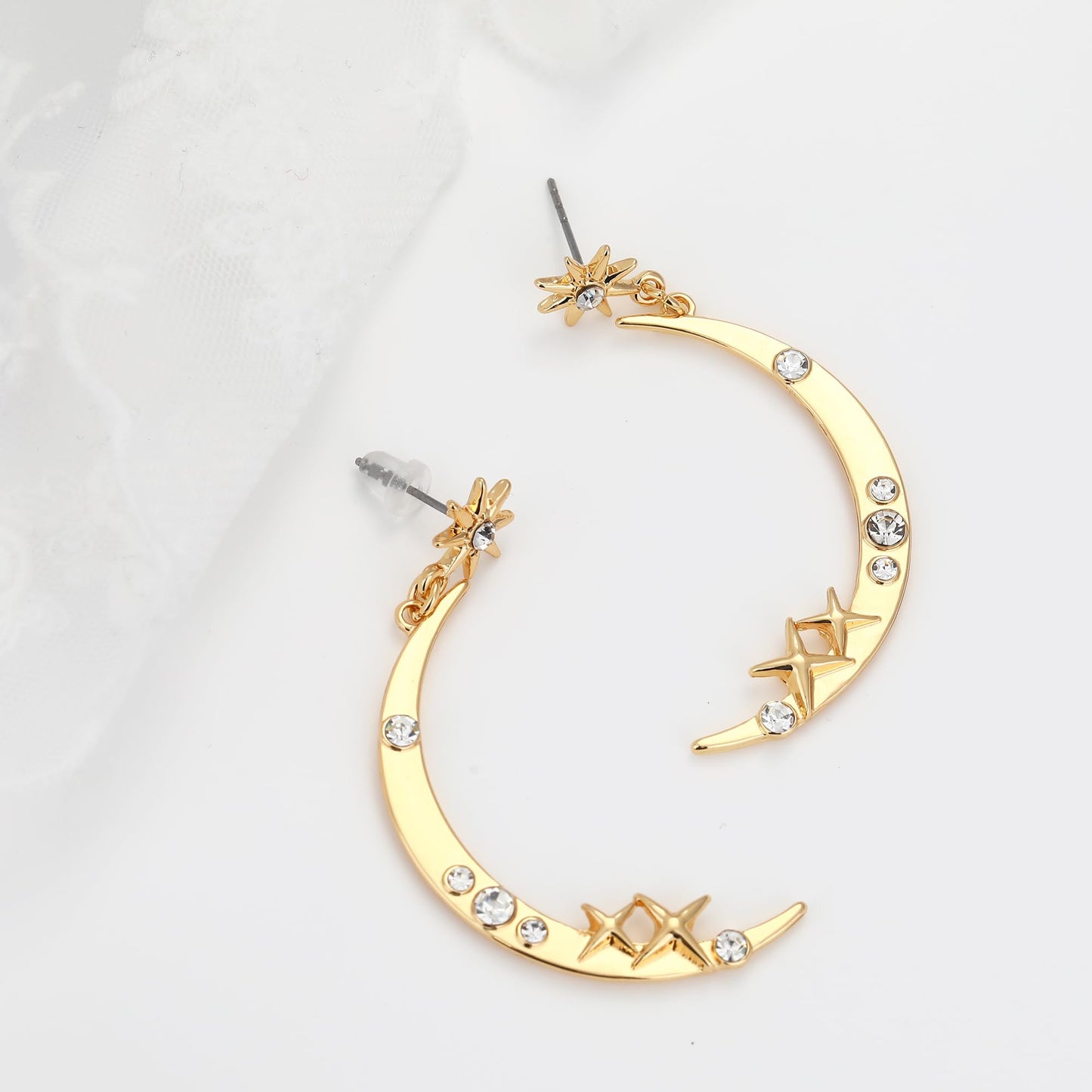 MISS RIGHT Charm Necklace for Women Star Moon Necklaces Earrings Jewelry Set, Crescent Moon Shell Charm Gold Paperclip Chain Necklace Moon Star Dangle Earrings Celestial Jewelry