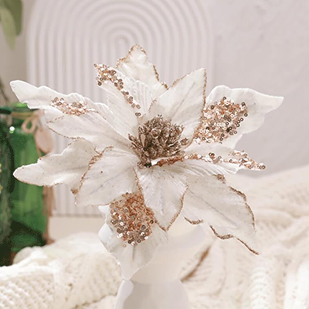 vctops 6 Pcs Christmas Poinsettia Artificial Flowers Shining Glitter Artificial Flower for Xmas Tree Wreath Ornaments New Year Wedding Party Holiday DIY Decoration, White