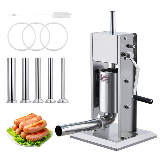 Sausage Stuffer, Manual 7LBS/3L Sausage Maker Machine, Meat Stuffer with Dual Speed, Stainless Steel Heavy Duty Sausage Filler with 5 Stuffing Tubes, for Commercial and Home Use
