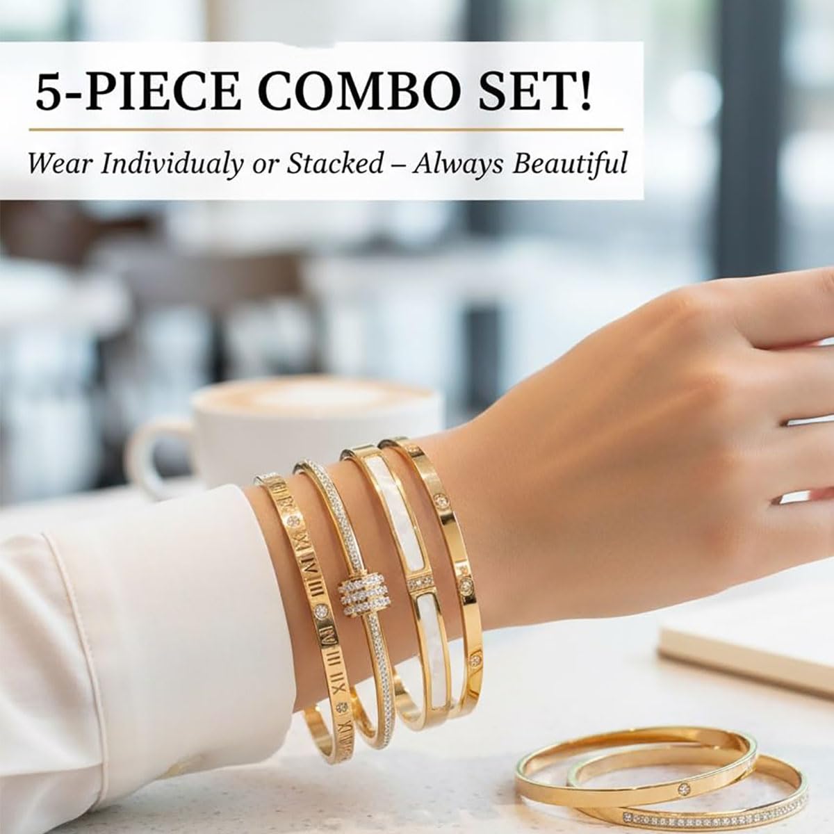 5-Piece Elegant Stainless Steel Bracelet Set, Fashionable Classic Design, Silver/Gold Love Bangle Non Tarnish Stackable Bracelet Trendy Jewelry Gift Gifts for Girlfriend Wife Her (Silver)