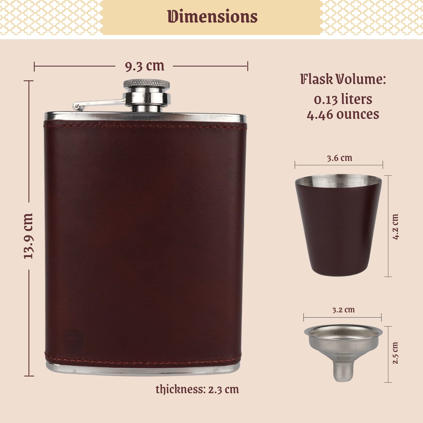 Men's Leather Flask (Brown) with 2 Cups and Funnel - 100% Leak Proof with Stainless Steel and Premium Leather, Gift Set for Father, Grandfather, Boyfriend, and Groomsmen