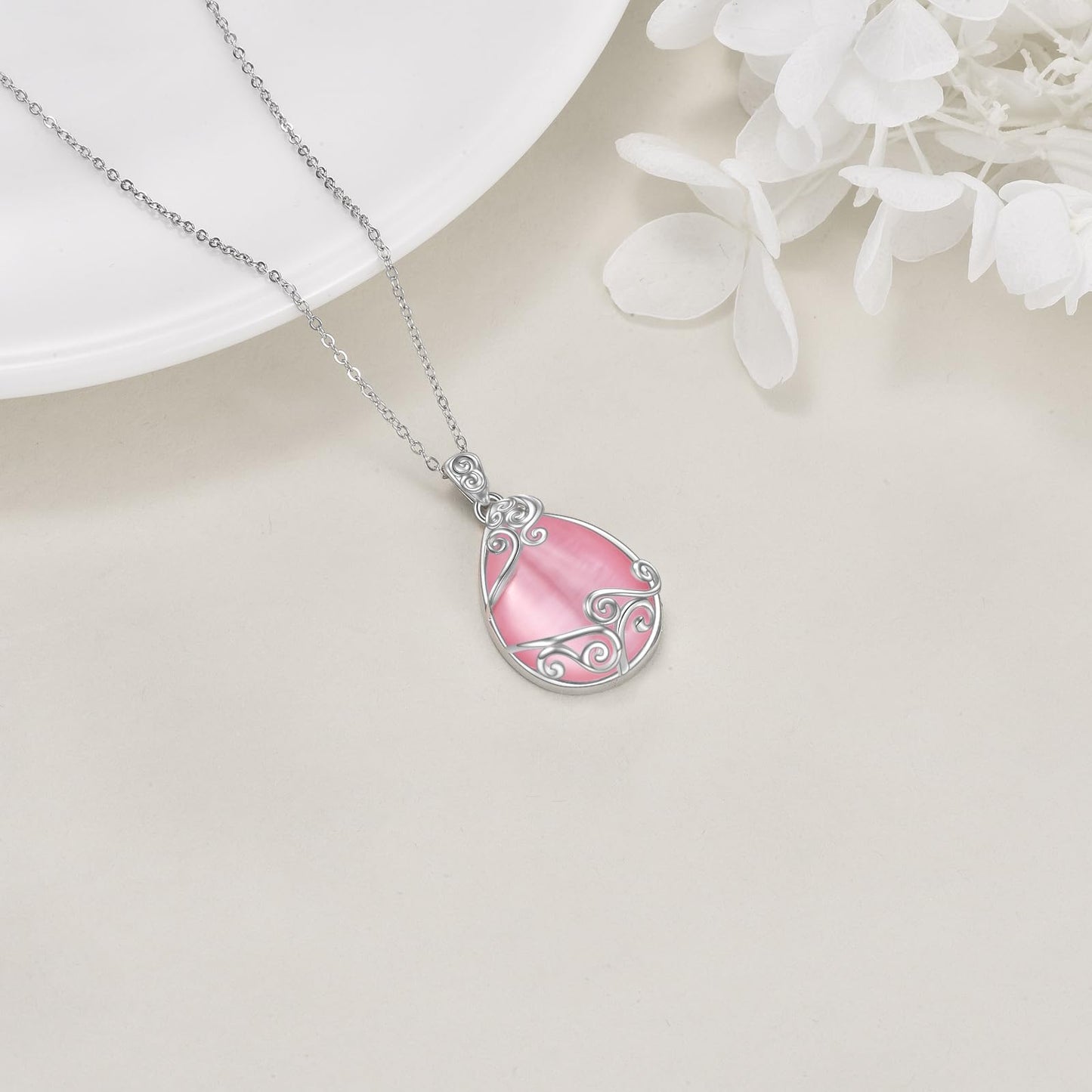 YAFEINI Teardrop Necklace 925 Sterling Silver Pink Natural Stone Necklace Filigree Pendant Necklace Jewelry for Women(T-Pink Opal teardrop necklace)