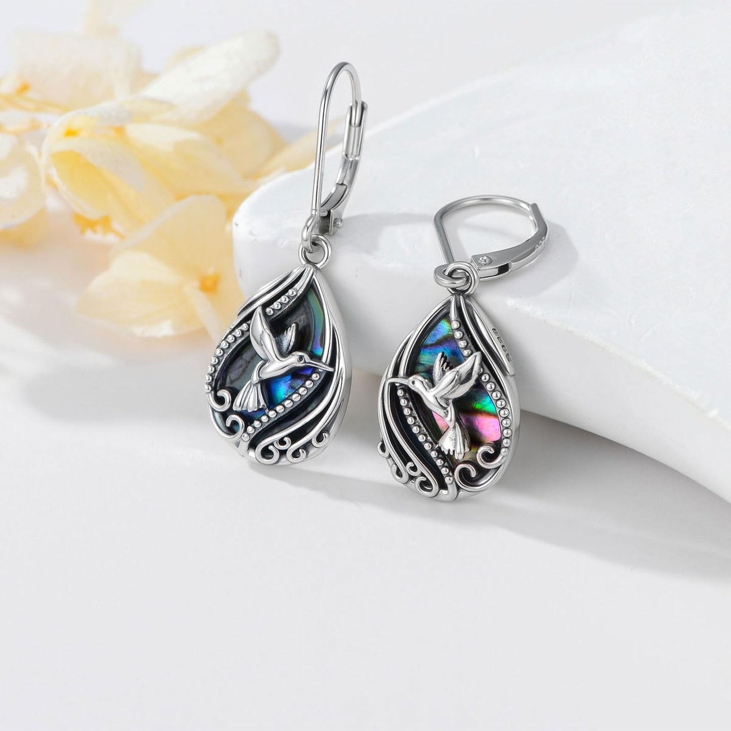 YYmqmq Abalone Hummingbird Earrings for Women 925 Sterling Sliver Humming Bird Dangle Drop Earrings Leverback Hummingbird Jewelry Gifts for Women Girlfriend Mom Birthday Gifts