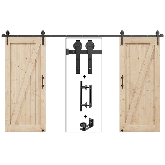 EaseLife 12FT Double Door Sliding Barn Door Hardware Track Kit & Handle,Big Industrial Spoke Wheel,Wall Mount,Slide Smoothly Quietly,Easy Install,Black,144" Track Fit for 68-70" Wide Opening (No Door)