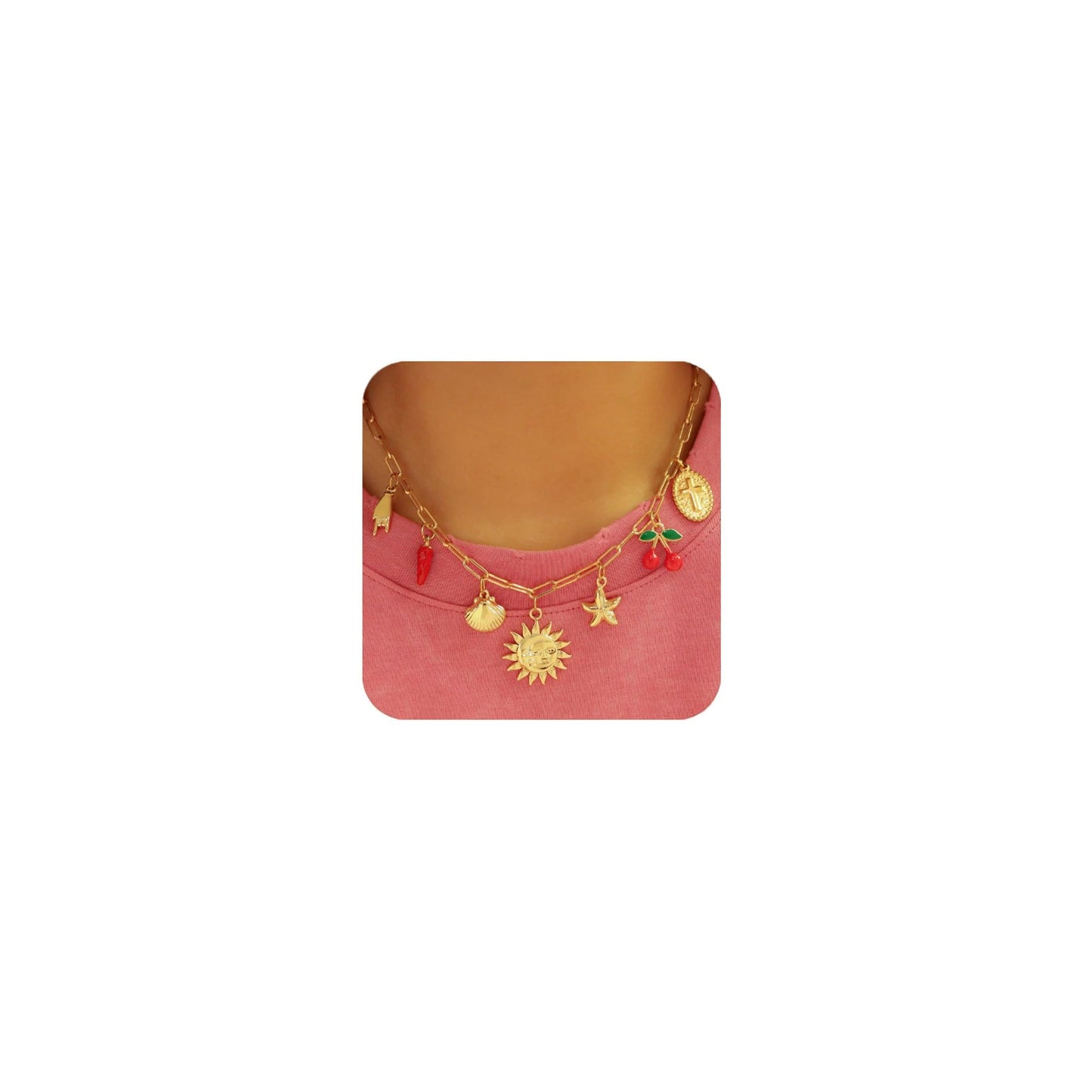 Trendy Stainless Steel Gold Plated Charm Necklace with Heart Pearl Pepper Conch Ceramic Pendant Necklace for Women Collares Chokers Jewelry (Sun Necklace)