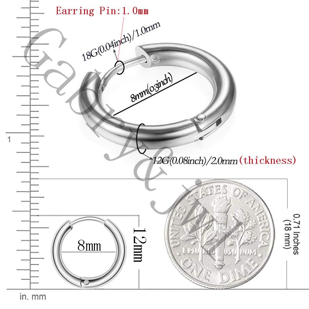 316L Surgical Stainless Steel Huggie Hoop Earrings 8mm Silver Hypoallergenic Earrings Hoop Cartilage Helix Lobes Hinged Sleeper Earrings For Men Women(B02: 8mm Silver(THK 2.0mm))