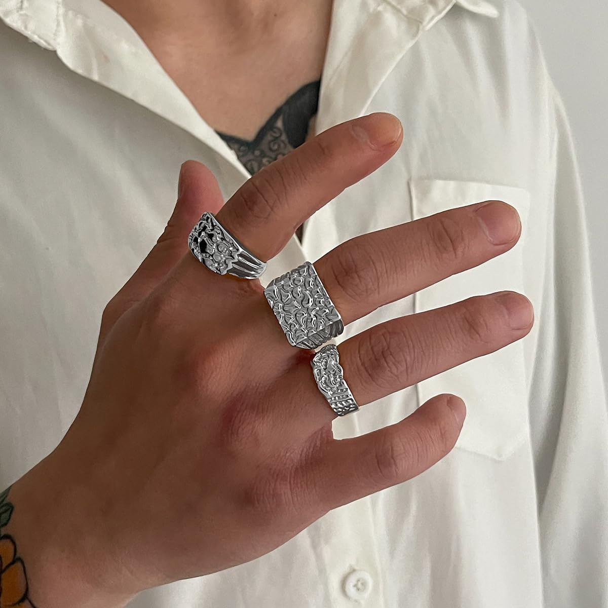 3Pcs Gold Chunky Knuckle Rings for Men Women Punk Stackable Finger Rings Set Hip Hop Harmmered Texture Statement Ring Vintage Gothic Ring Birthday Party Christmas Halloween Valentines Day Wedding Holiday Jewelry (Silver)
