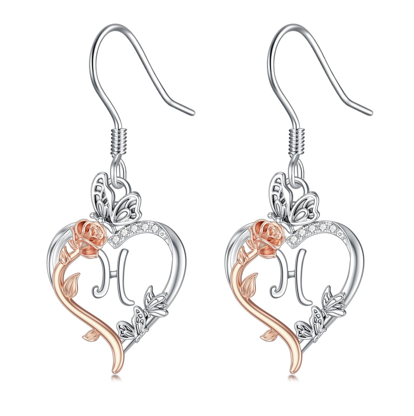 TOUPOP Rose Heart Initial Earrings Sterling Silver Butterfly Earring Initial H Letter Drop Dangle Earrings Jewelry Anniversary Birthday Mothers Day Gifts for Women Mom Wife Girlfriend Her