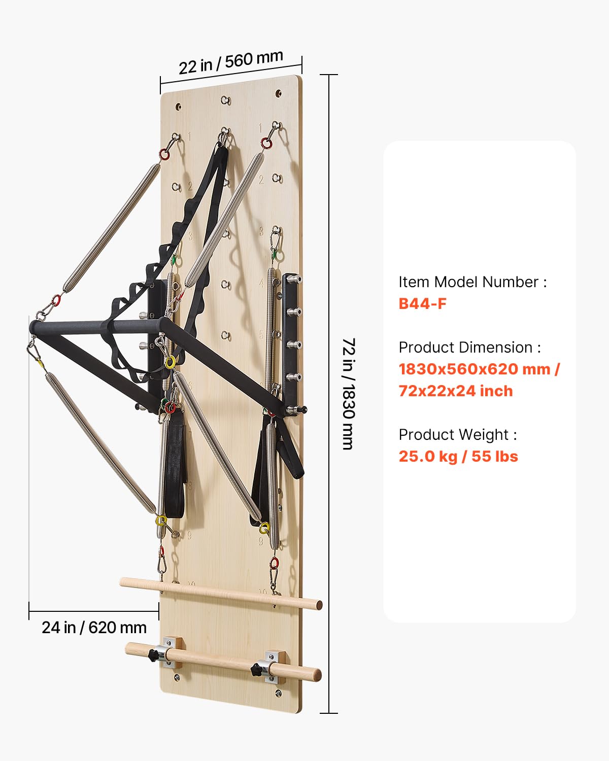 VEVOR Wall Mounted Pilates Reformer Machine, Maple Wood Pilates Springboard, Exercise Equipment with Resistance Springs, Yoga Fitness Trainer, Suitable for Flexibility Balance, Home Gym Studio Workout