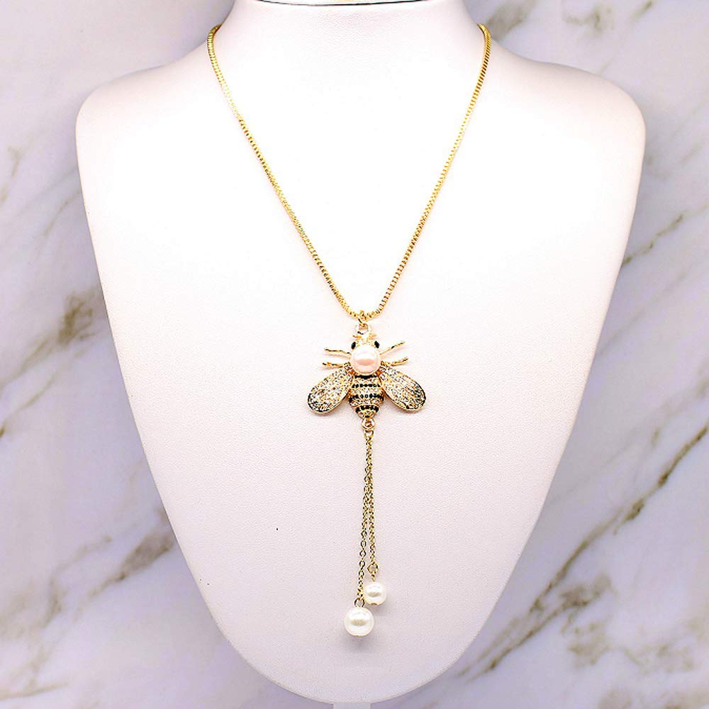 Honey Bee Necklace Crystal Insect Themed Bee Necklace Animal Fashion Shell Pearl Long Necklaces Gold Tone for Women Jewelry(Pink pearl nceklace)