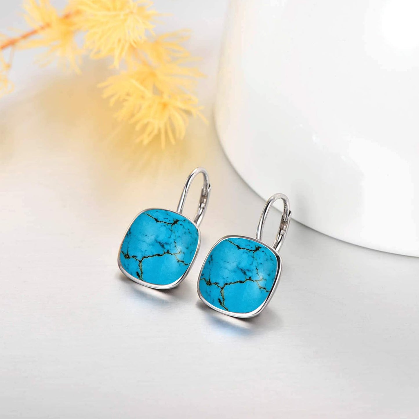 AOBOCO Sterling Silver Leverback Earrings Embellished with Crystals from Austria, Hypoallergenic Cushion Cut Square Crystal Earrings, Fine Anniversary Birthday Jewelry Gifts for Women (Blue turquoise)