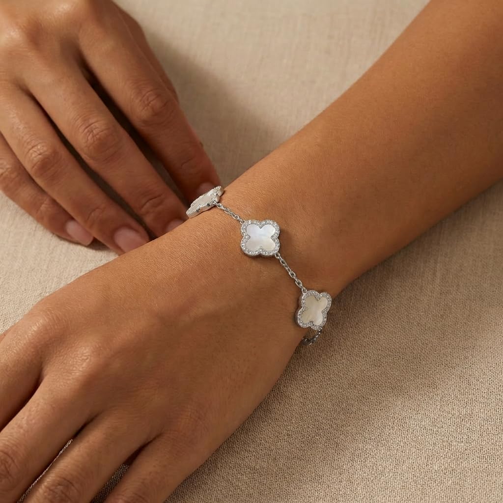 SHINYY Four Leaf Clover Bracelet for Women | 18K Gold Plated Cubic Zirconia Link Bracelet | 4 Leaf Lucky Jewelry Gift for Her (White Silver)