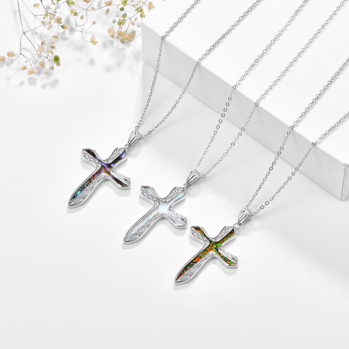 Dreamboat Sterling Silver Cross Necklace for Womens Cross Pendant Faith Christian Jewelry Black Opal Celtic Necklace Confirmation Religious Gifts for Mom