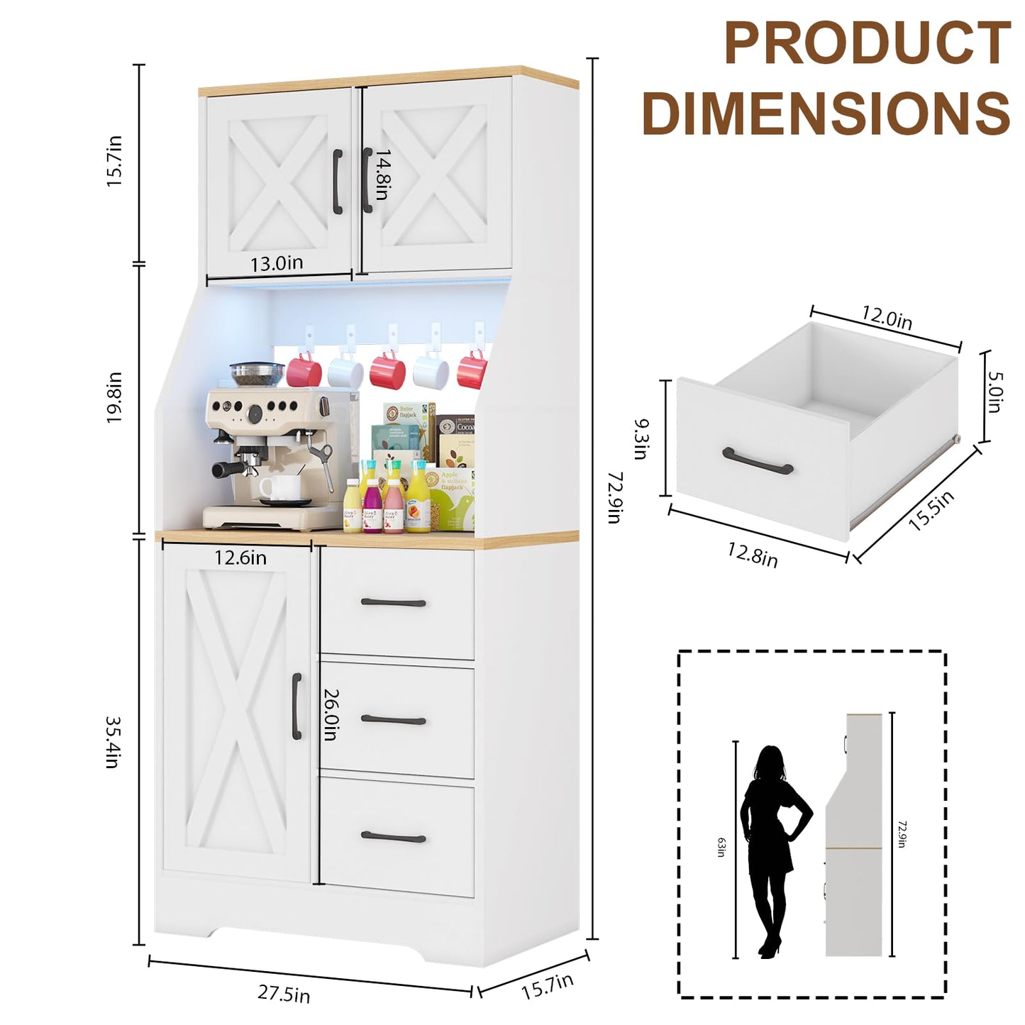 DreamDashio Pantry Cabinet with Adjustable Shelves and 3 Drawers, Tall Kitchen Pantry Storage Cabinet with LED Light & Charging Station, Kitchen Hutch with Microwave Shelf & 6 Hooks for Dining Room