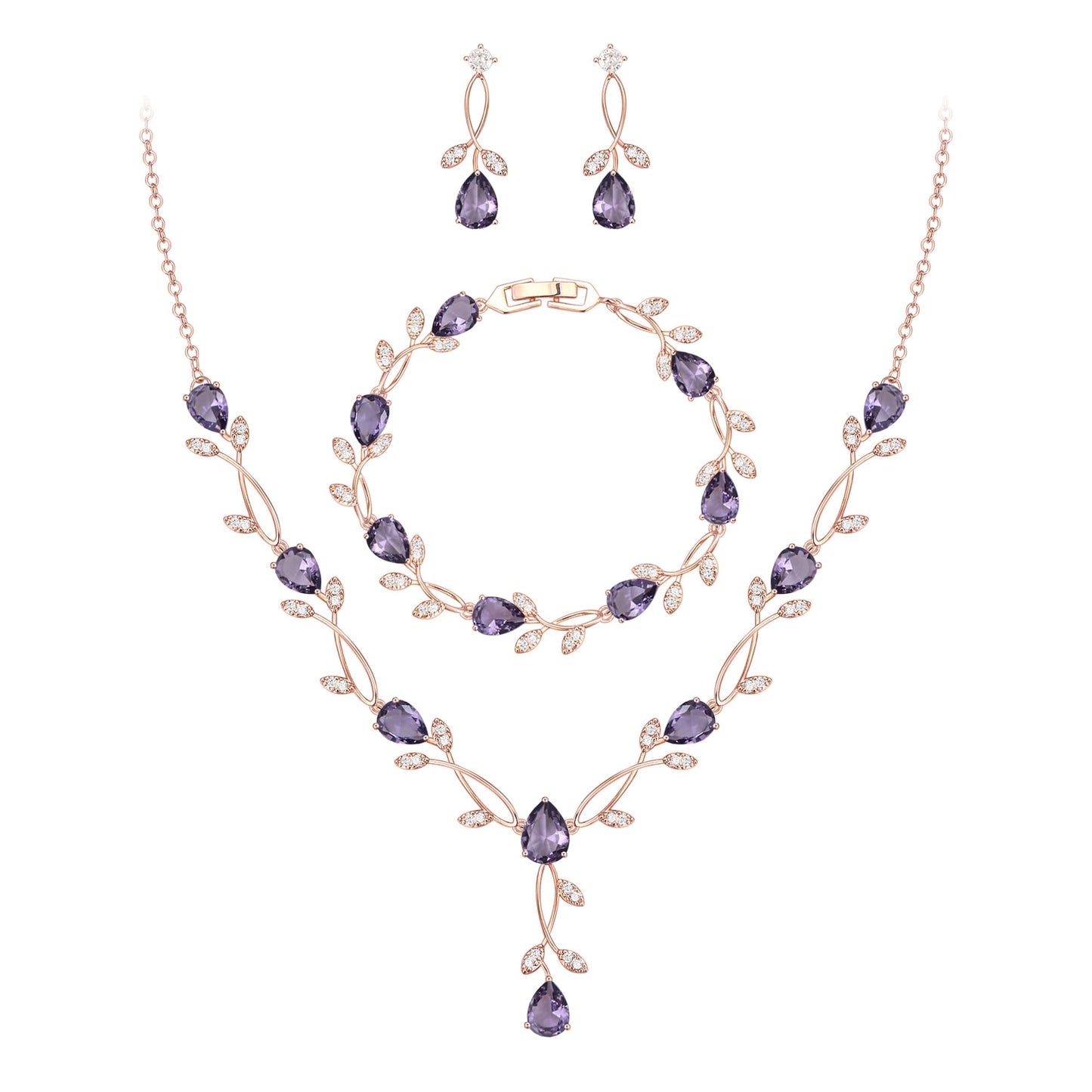 EVER FAITH Wedding Jewelry Set for Bride Bridesmaid, Purple Teardrop Cubic Zirconia Rose Gold-Plated-Brass Leaf Vine Bridal Prom Necklace Dangle Earrings Bracelet Sets for Women