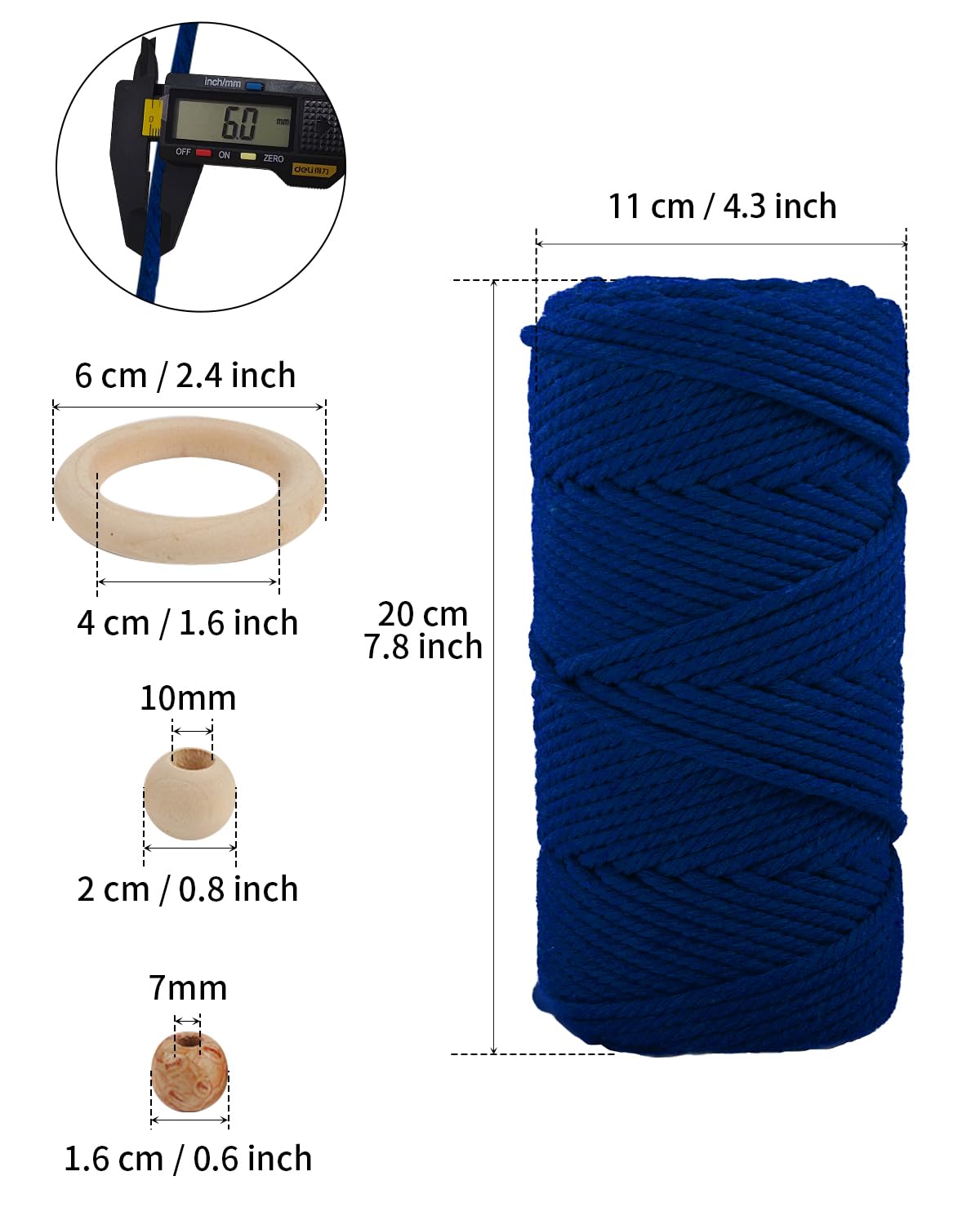 Natural Macrame Cord Cotton Rope with Wooden Beads & Rings, 6mm x109 Yards 4 Strand Twisted, Munzong Handmade Macrame Rope for Wall Hanging, DIY Craft, Knitting Plant Hanger(100m, Sapphire Blue)