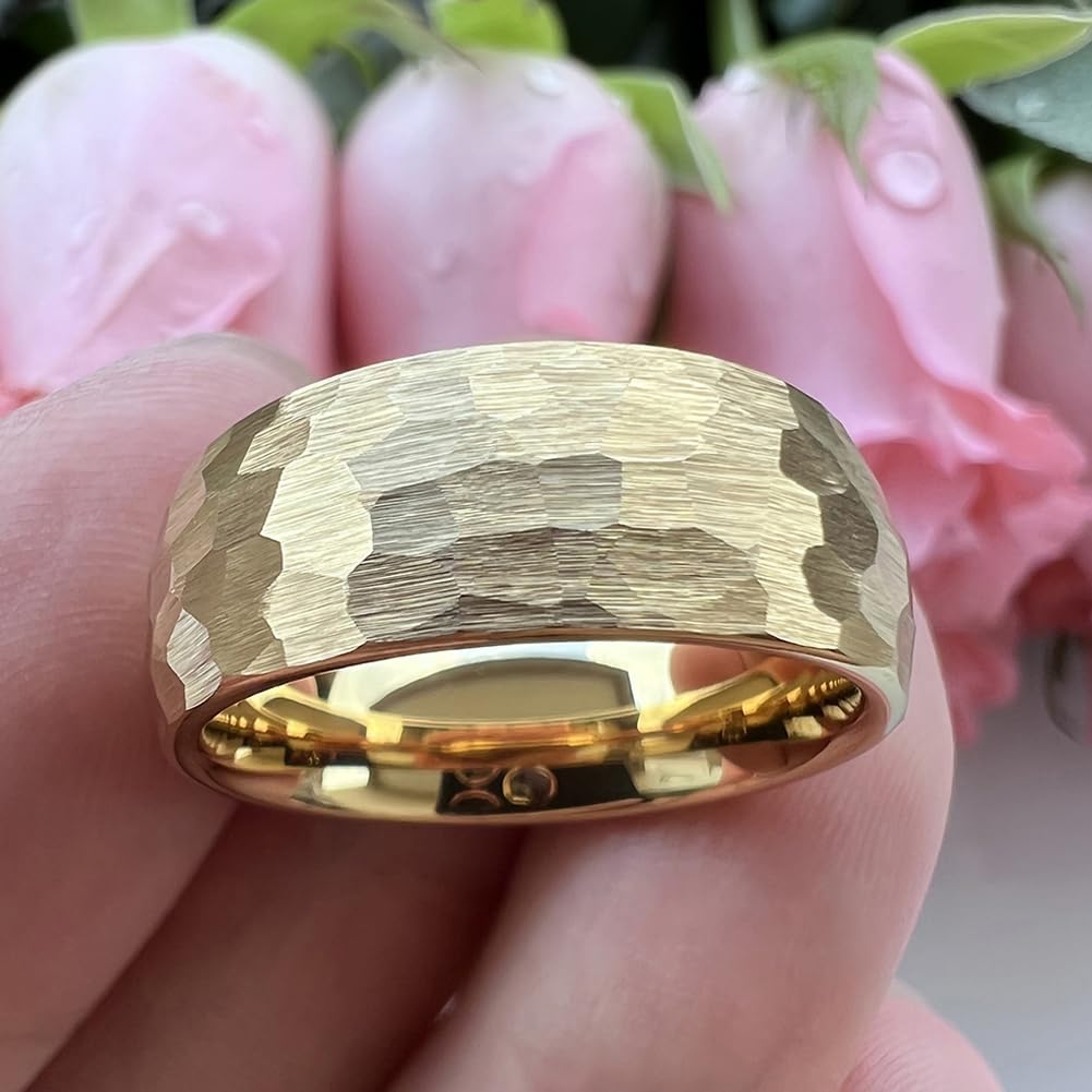 TUTISS 8mm Gold Hammered Tungsten Rings for Men Women Engagement Wedding Bands Domed Matte Finish Comfort Fit Size 14
