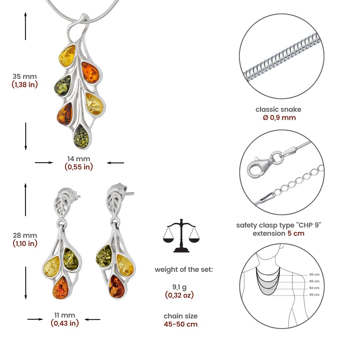 AMBEDORA Small Women's Jewellery Set Amber 458, Polished Sterling Silver, Colourful Baltic Amber, Silver Pendant on Chain and Earrings