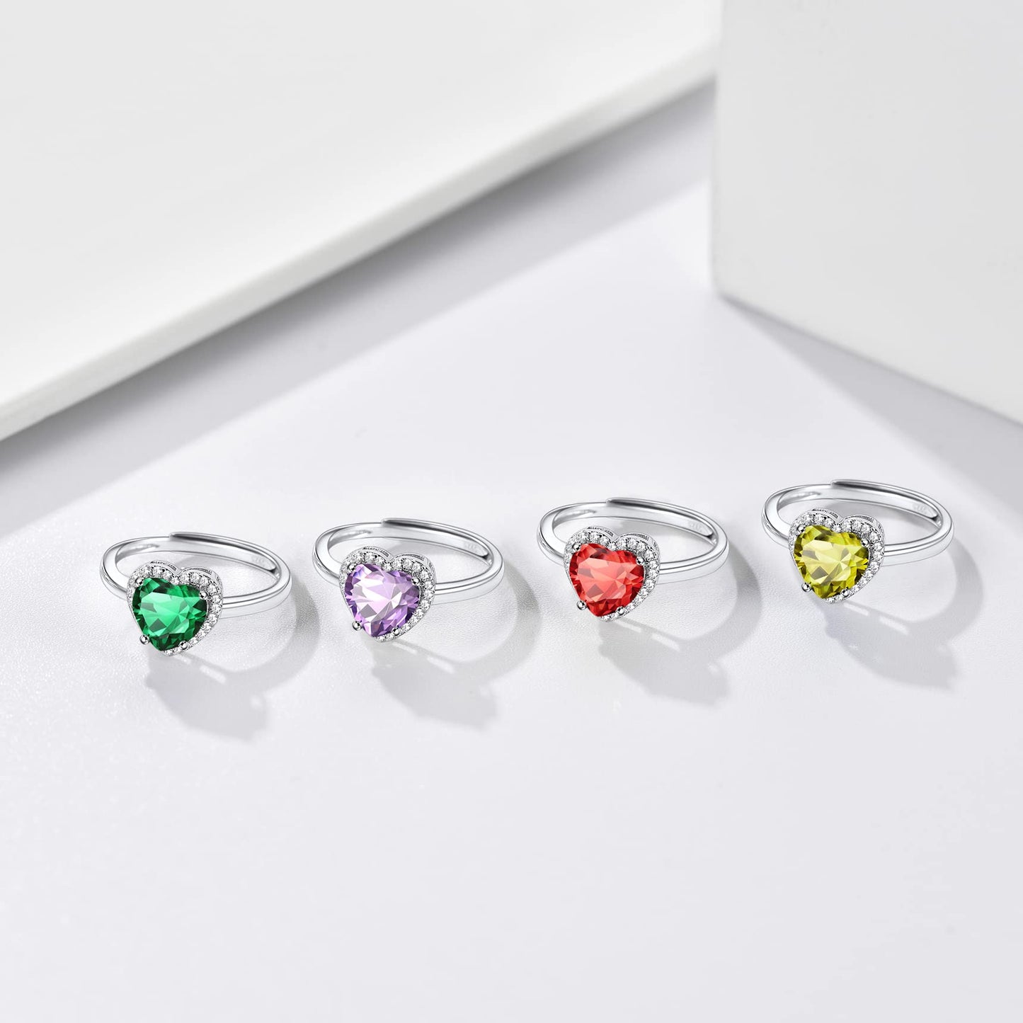 Bestyle Flattering June Alexandrite Heart Crystal Rings Halo Cubic Zirconia Rings for Women Dainty 925 Sterling Silver Hypoallergenic Adjustable Rings Size #6-#12