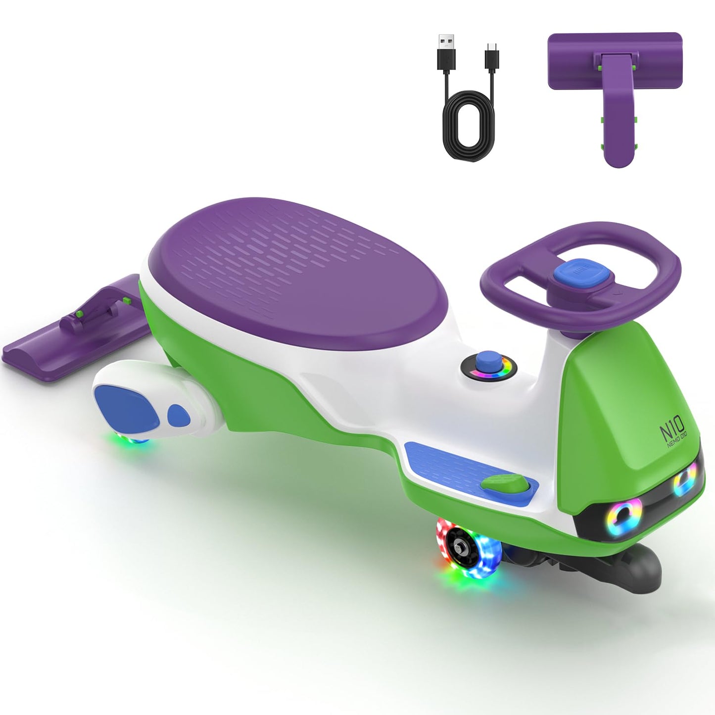 FanttikRide N10 Pro Electric Wiggle Car, USB-C Fast Charging, One-Click Detachable Mop, RGB Eye Lights, Flashing Wheels, Bluetooth, Anti-Rollover, GlideWiz, Ride on Toys for Ages 3+, 150 Lbs, Green