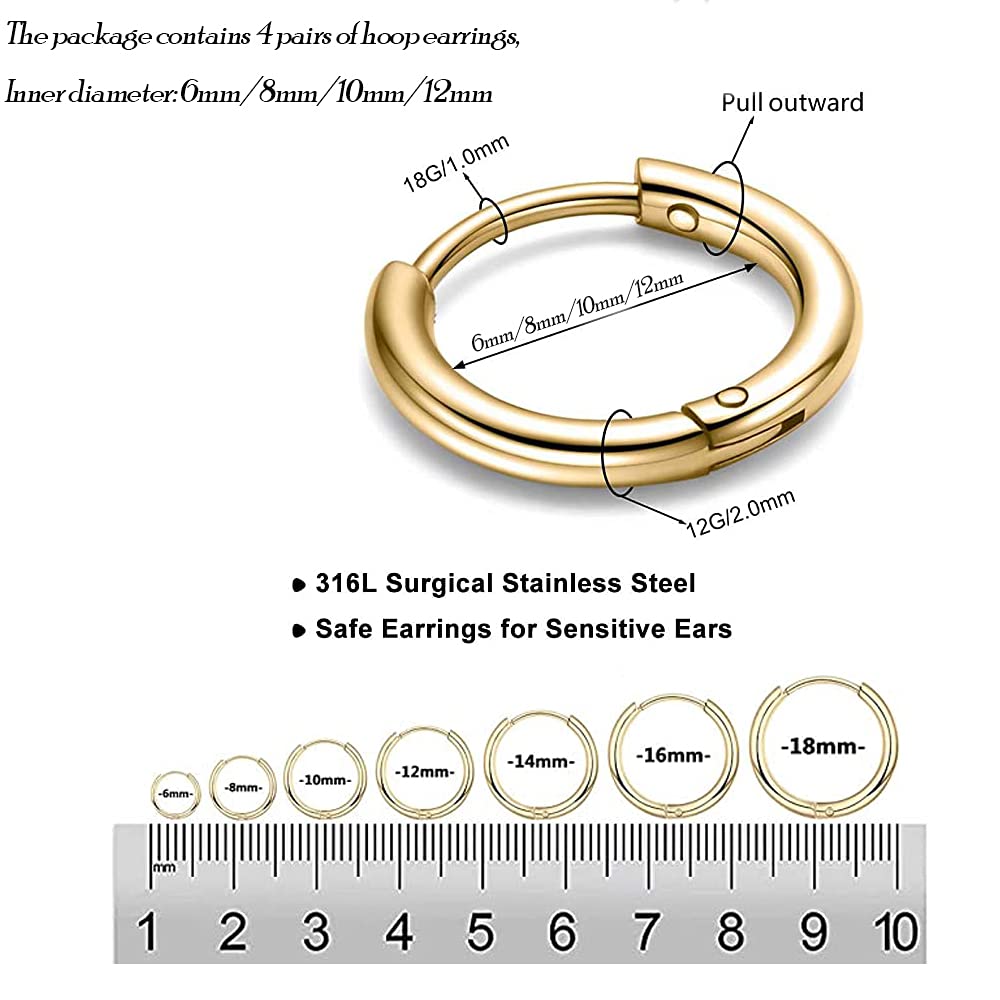 316L Surgical Stainless Steel Huggie Hoop Earrings Rose Gold 6mm 8mm 10mm 12mm Hypoallergenic Earrings Hoop Cartilage Helix Lobes Hinged Sleeper Earrings For Men Women (G04)