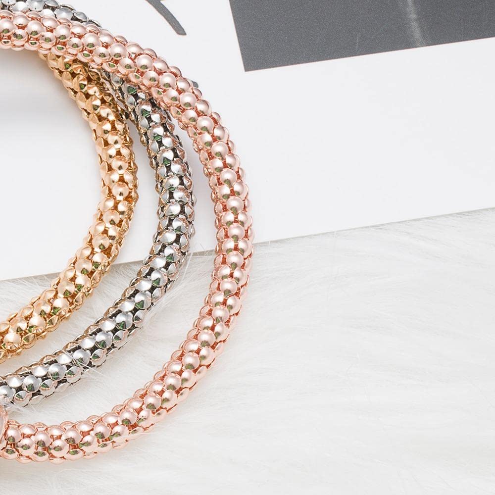 SILANER Crystal Charms Multilayer Bracelets - 3PCS Gold/Silver/Rose Gold Corn Chain Bracelet for Women, Tree of Life Heart Shaped Stretch Bracelet (PAVE CRYSTAL HEART CHARM)