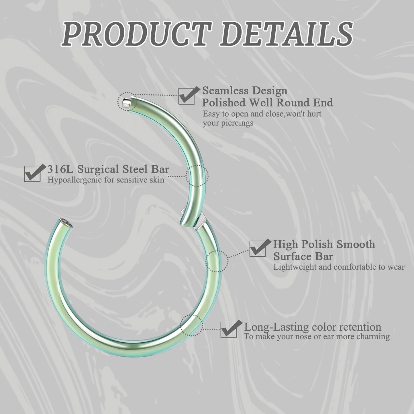 16g Nose Ring Hoop Earrings Green Nose Hoops 16 Gauge Lip Rings Septum Hoop Seamless Septum Clicker 8mm Septum Ring Cartilage Earring Helix Earring Rook Earrings Nose Rings Surgical Steel
