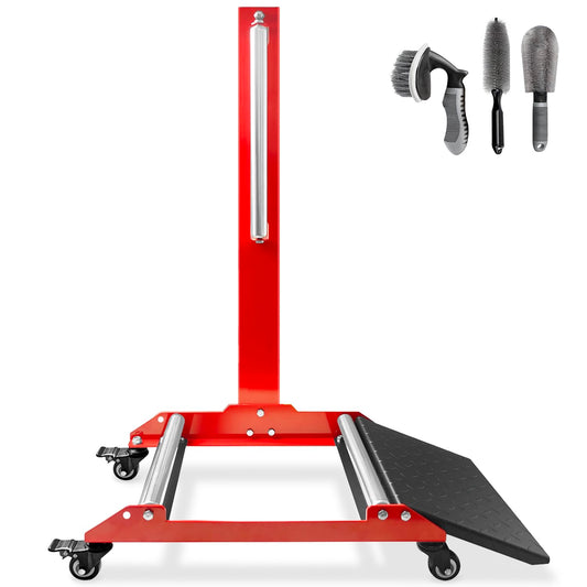 DESEQPT Upgraded Rolling Wheel Detailing Stand – Heavy-Duty Tire Cleaning and Polishing Roller with Wheels Handle Ramp and 3-Way Rotating Rollers for Ceramic Coating, Tire Shine, Car Wheel Wash