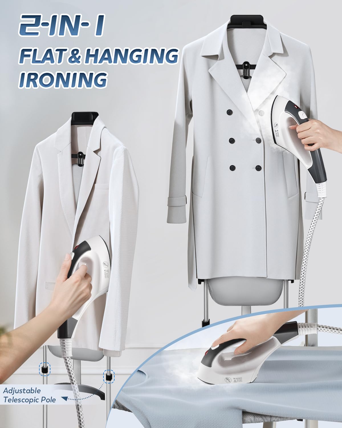 Hapyvergo Standing Garment Steamer, 1500W Upgraded Steamer for Clothes Rapid Heats in 25s for 1 Hour Steam, 1.6L Water Tank, Self-Cleaning, Dual-Protection Tech, Ironing Board, Hanger, Gloves