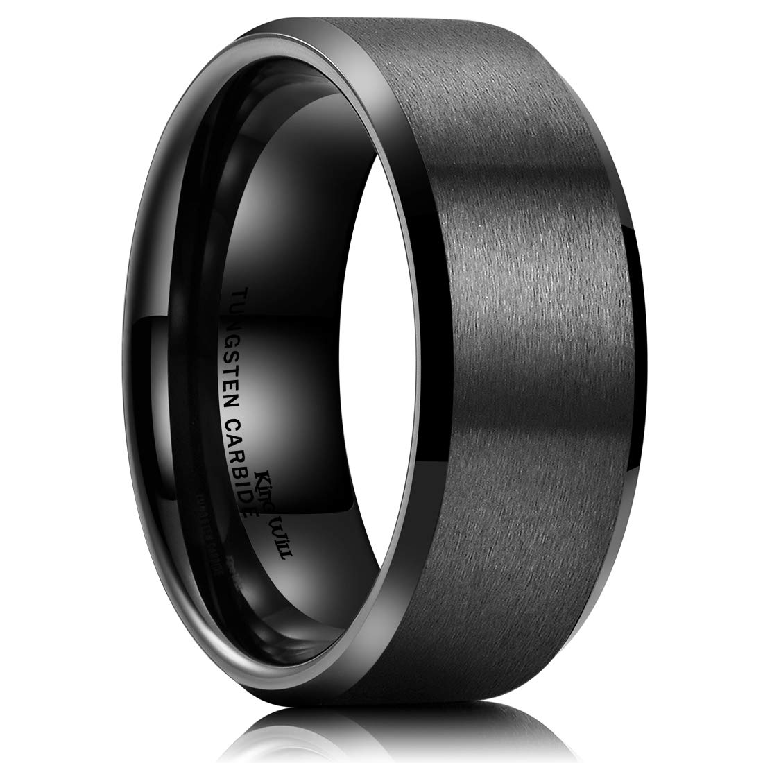 King Will 9mm Men's Black Wedding Ring - Brushed Matte Surface, Beveled Polished Edge, Comfort Fit Size 10