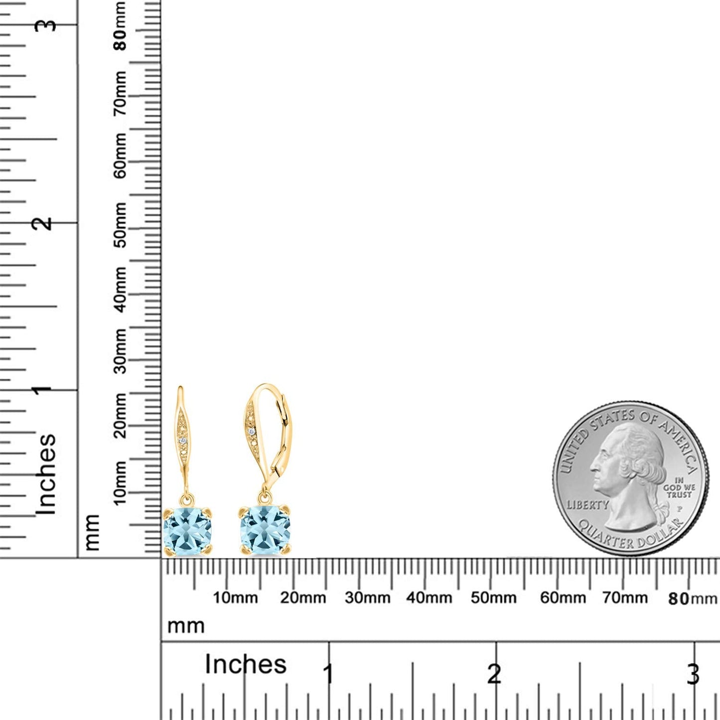 Gem Stone King Drop Dangle Earrings For Women | 7MM Cushion Cut Gemstone Birthstone and Diamond | 925 Sterling Silver | Jewelry Gift for Mom Wife Her | Sky Blue Topaz-November | Yellow Gold
