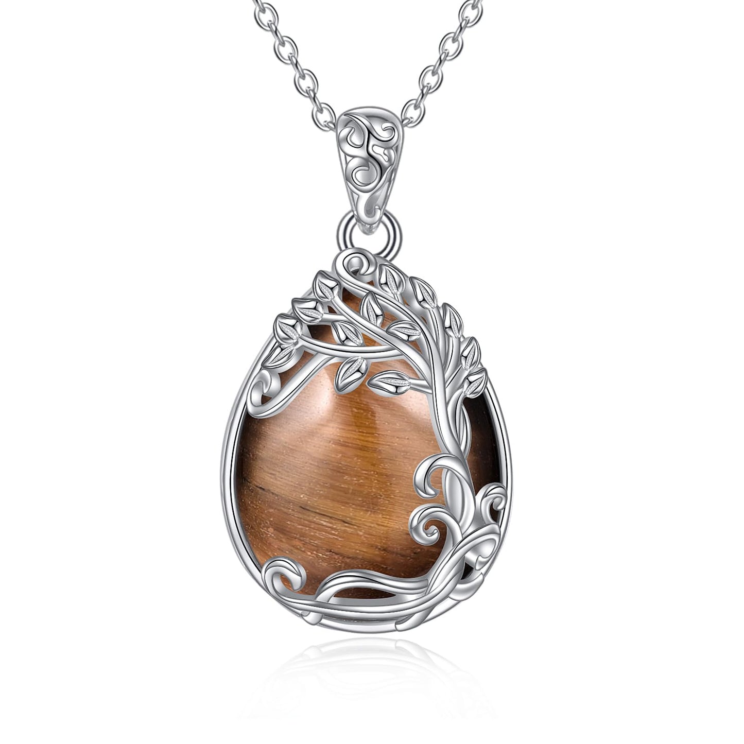 YAFEINI 925 Sterling Silver Tiger Eye Stone Necklace Tree of Life Teardrop Pendant Necklace Jewelry for Women (XX-Tiger Eye Stone Tree of Life Necklace)