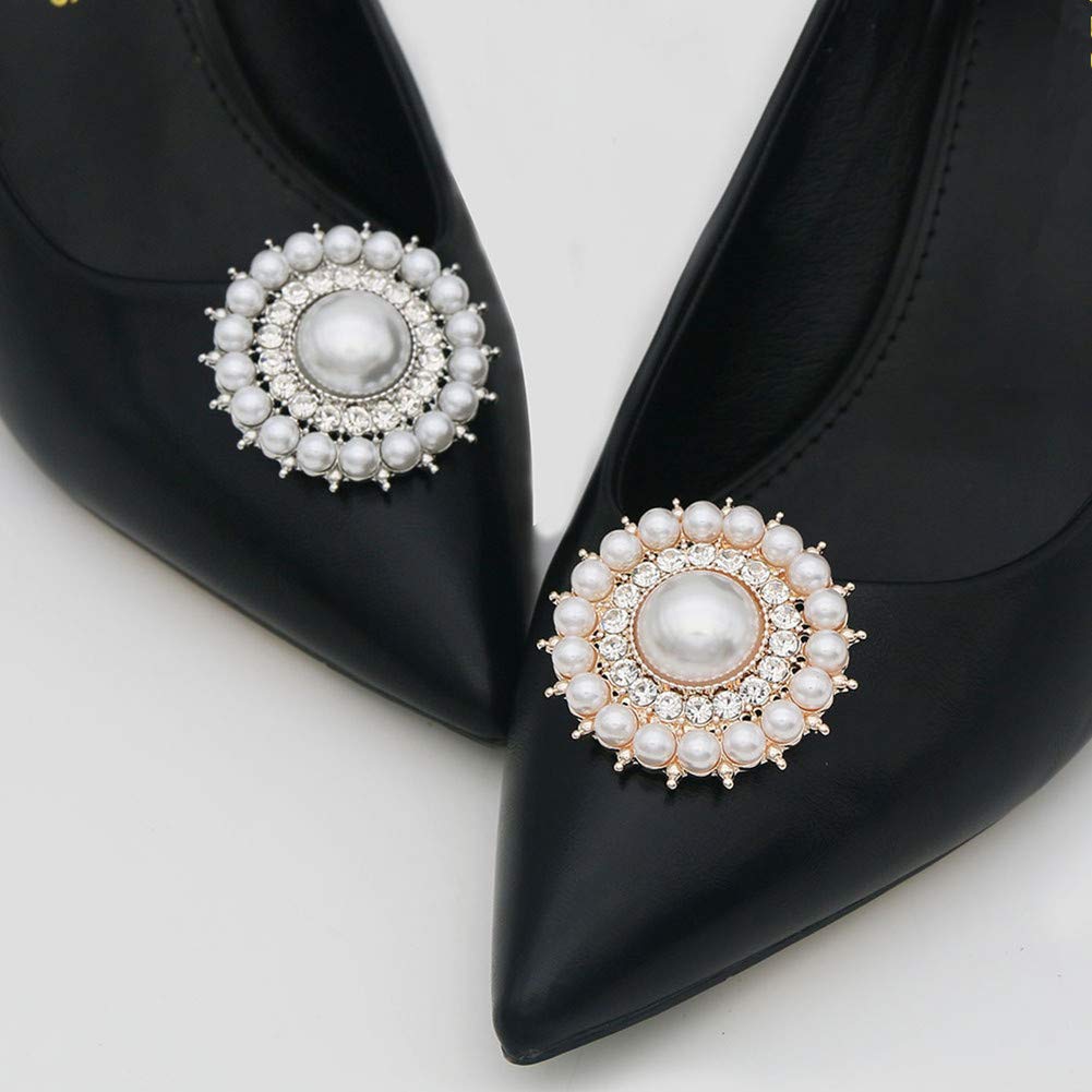 MLAVXCC 1 Pair Elegant Women's Round Pearls Rhinestones Shoe Clips Crystal Wedding Party Shoes Jewelry Decoration Charms (Gold)