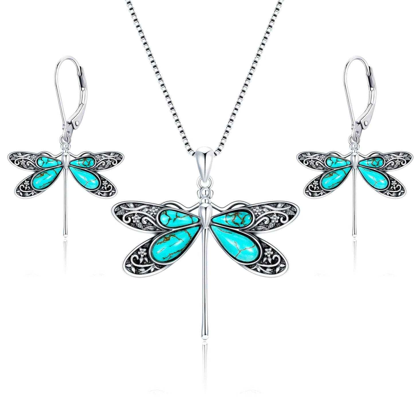 DOLIOX Genuine Dragonfly Turquoise Jewelry Set for Women, Sterling Silver Vintage Native American Western Jewelry Birthdays Gift for Women