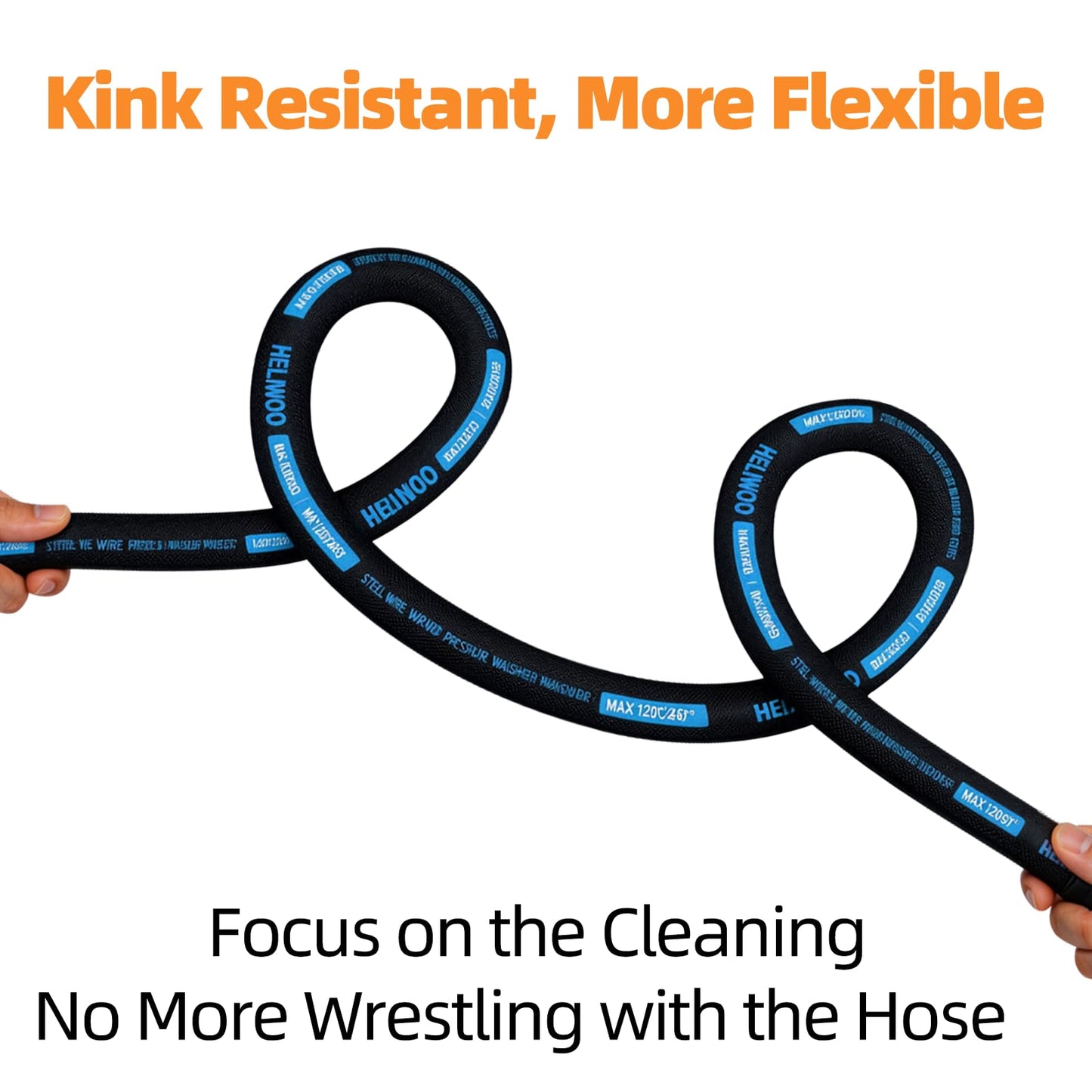 Heliwoo 4800 PSI Pressure Washer Hose 50FT, 3/8'' Steel Wire Braided Kink Resistant Power Washing Extension Hose for Cold & Hot Water Max 248°F, Qucik Connect Ends, Black and Blue
