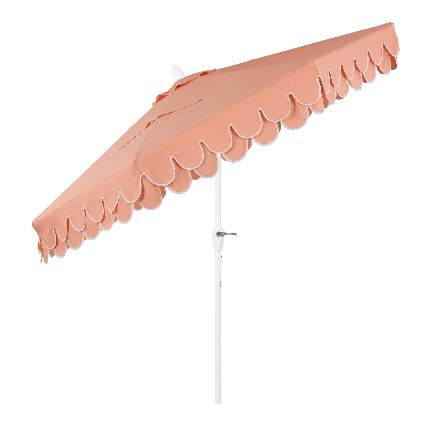 JONATHAN Y UMB1002H Tracy 9 ft. Classic MidCentury Scalloped Fringe Market Patio Umbrella with Auto-Tilt Crank, Wind Vent and UV Protection in Coral Pink/White, White Pole
