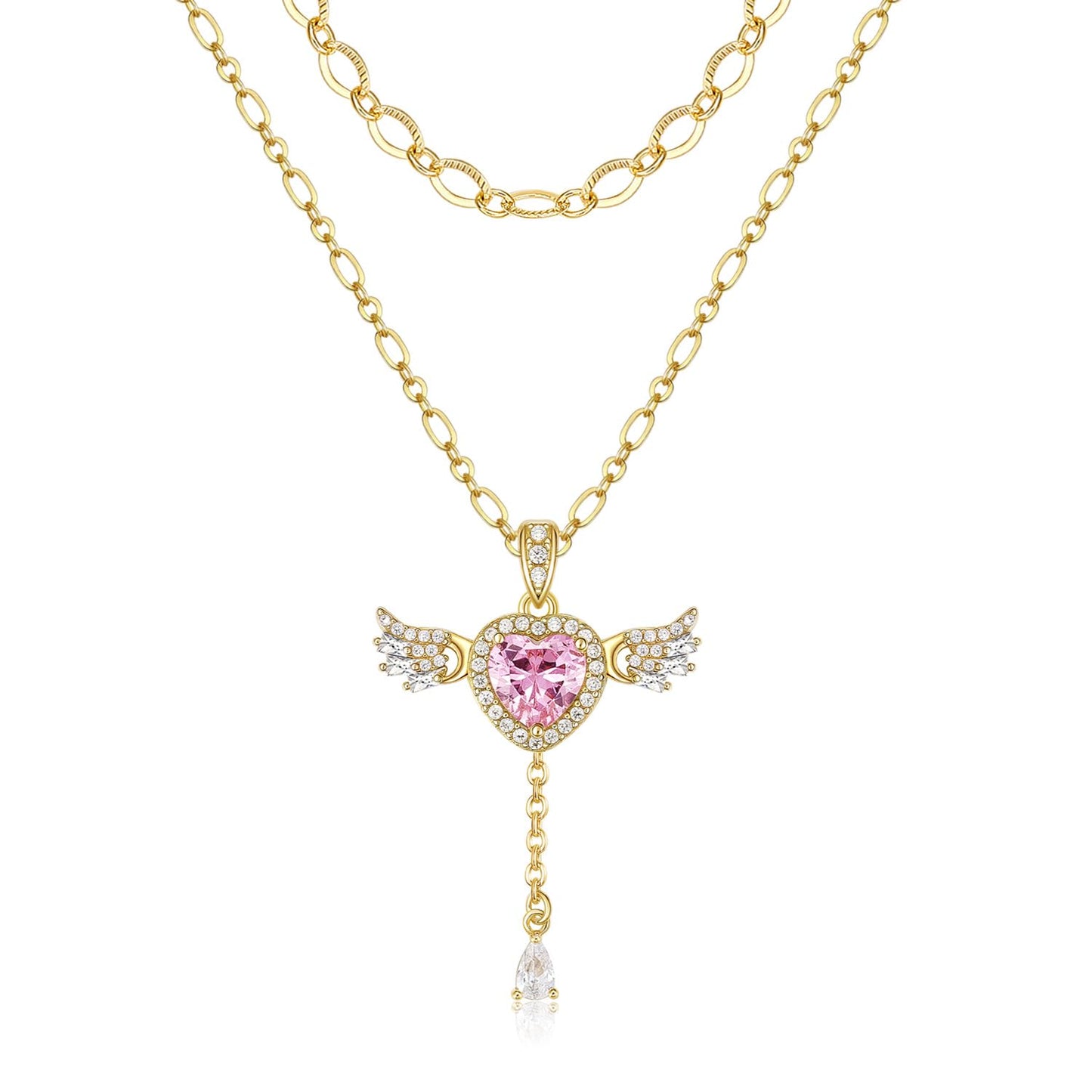 MEIITRUE Heart Necklace for Women Trendy,14k Gold Plated Dainty Layered Necklaces Set Cubic Zirconia Love Drop Pendant with Movable Wings Personalized Choker Chain Jewelry Gift Pink