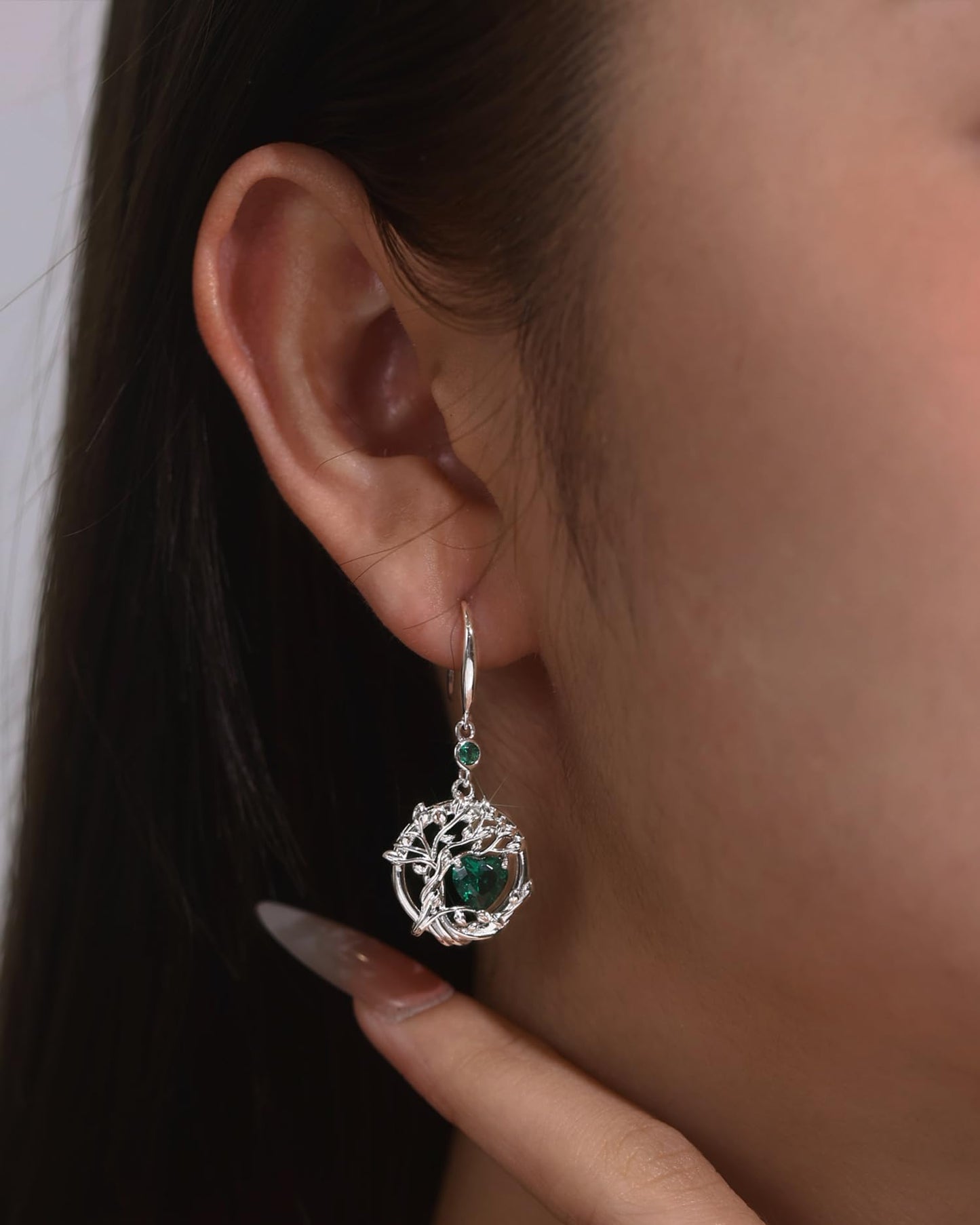 FANCIME Tree of Life Earrings 925 Sterling Silver Dainty Green Emerald Dangle Drop Gemstone Earring May Birthstone Fine Jewelry Birthday Mothers Day Gifts for Mom Her Women