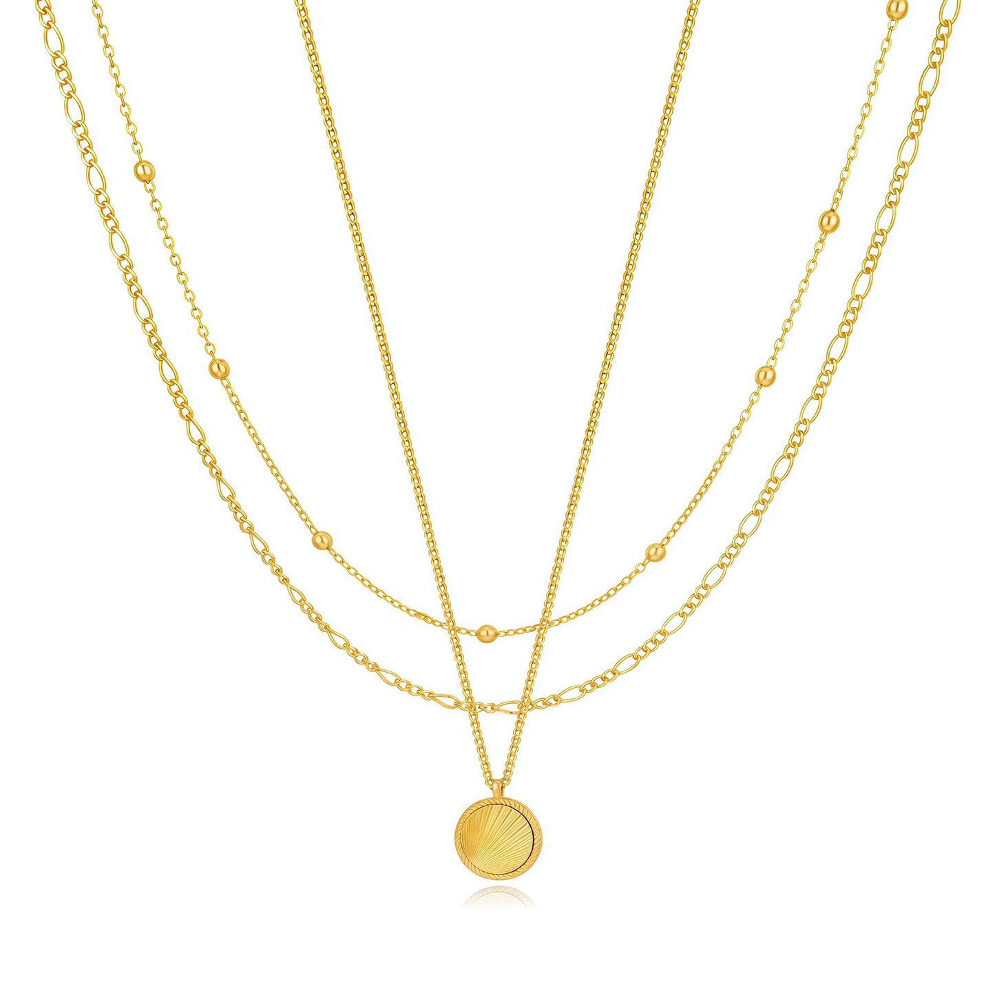 YOIHUR Layered Gold Necklaces for Women, 14K Gold Plated Beading Figaro Necklace Trendy Layering Circle Pendant Necklace Set Jewelry for Women