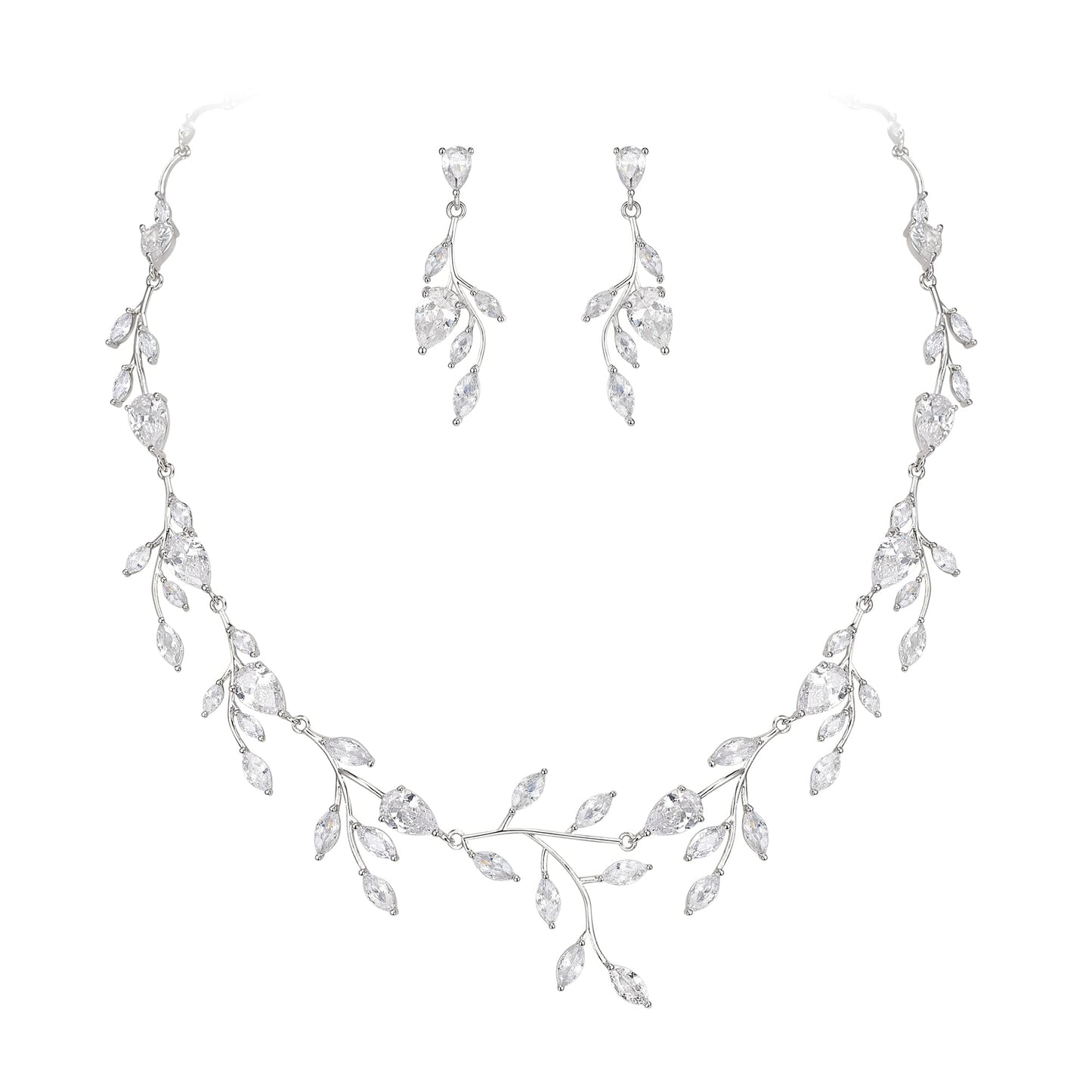 EVER FAITH Wedding Jewelry for Bride Women Bridesmaid, Sparkly White Cubic Zirconia Pear-Shaped Birthstone Leaf Necklace Earrings Set for Prom Clear Silver-Plated-Brass