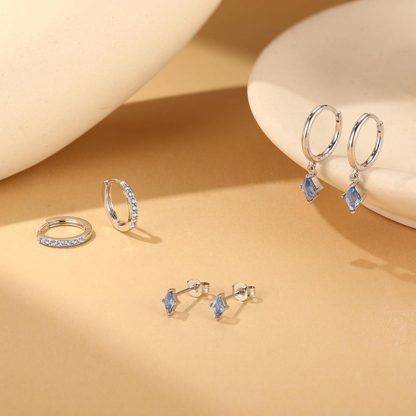 925 Sterling Silver Earrings Set for Women, Dainty Silver Cartilage Huggie Hoop Earring, Hypoallergenic Earrings Trendy Small Silver Earring Stacks for Multiple Piercing, Blue CZ Earring for Women
