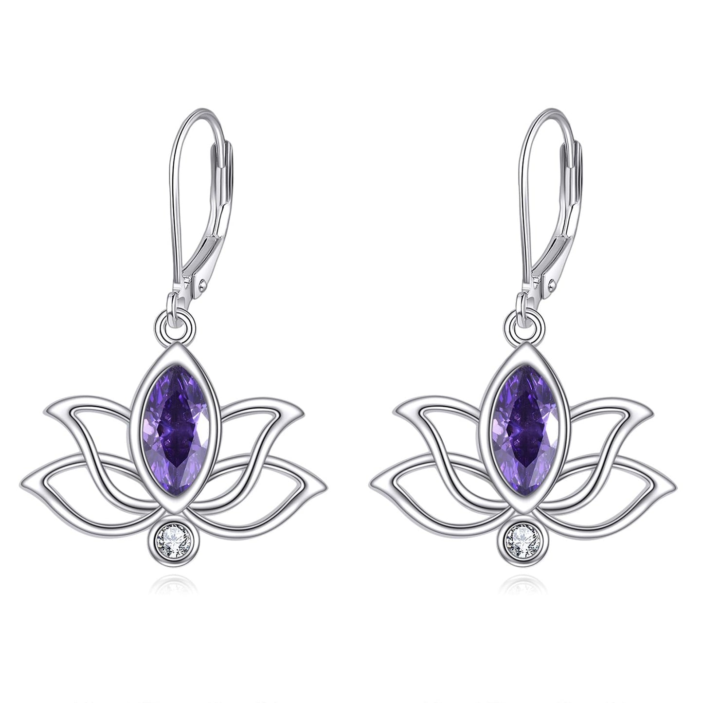 YFN Lotus Flower Earrings Sterling Silver Birthstone Lotus Leverback Dangle Drop Earrings Jewelry Gifts for Women (B. Feb)