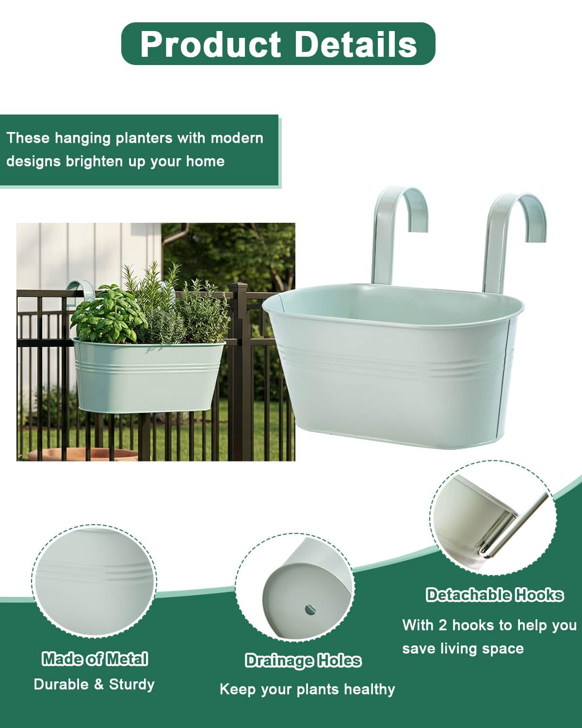 vensovo Metal Railing Planter for Outdoor Plants - 3 Pack Balcony Hanging Planter Box with Detachable Hooks and Drain Holes Oval Hanging Pots Fence Planters for Railing Garden Fence, Green