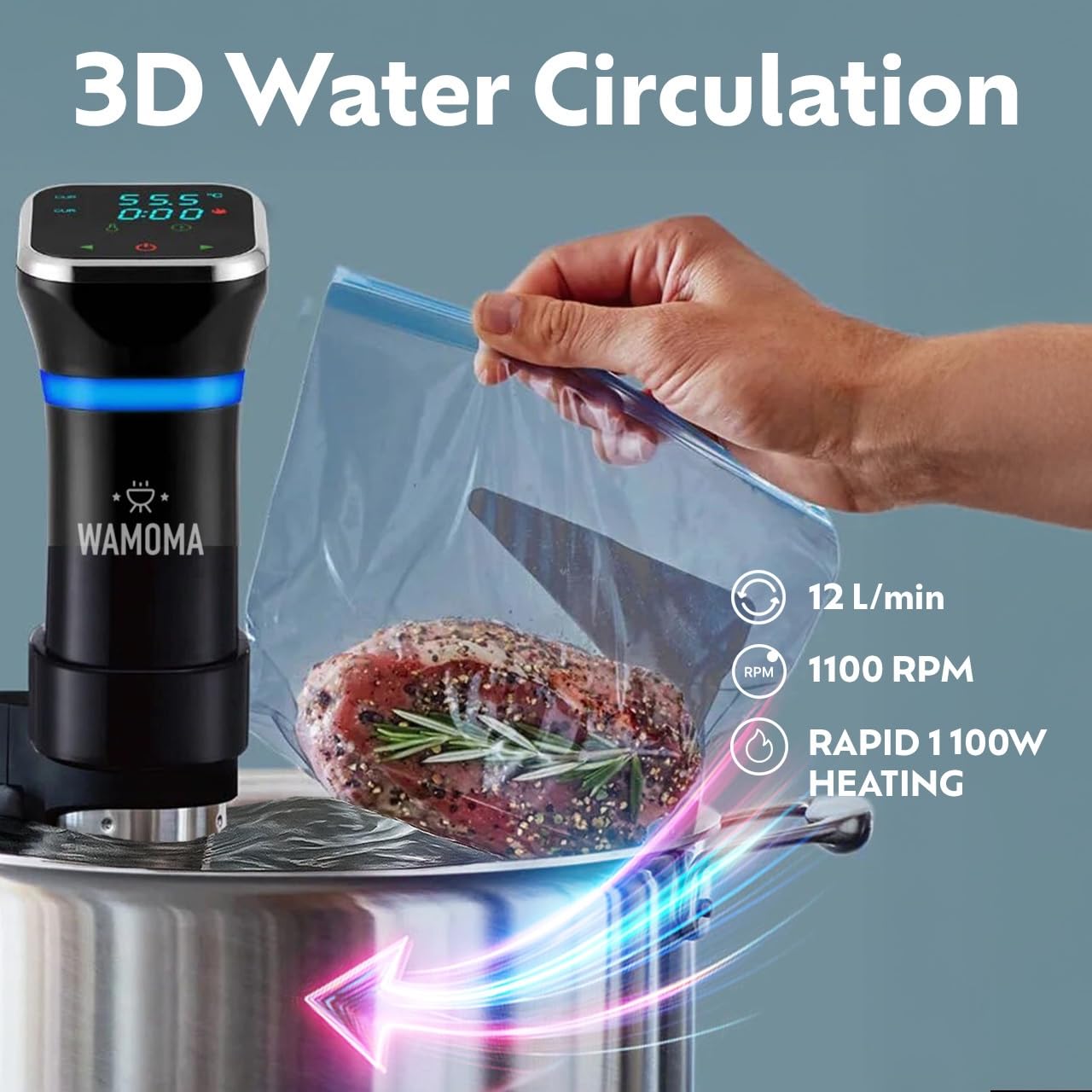 Wamoma Sous Vide Complete Bundle – 1100W Precision Cooker IPX7 Waterproof + 12-Qt Container with Lid + Hand Vacuum Pump & Reusable Bags + Silicone Weights for Perfect Cooking Results